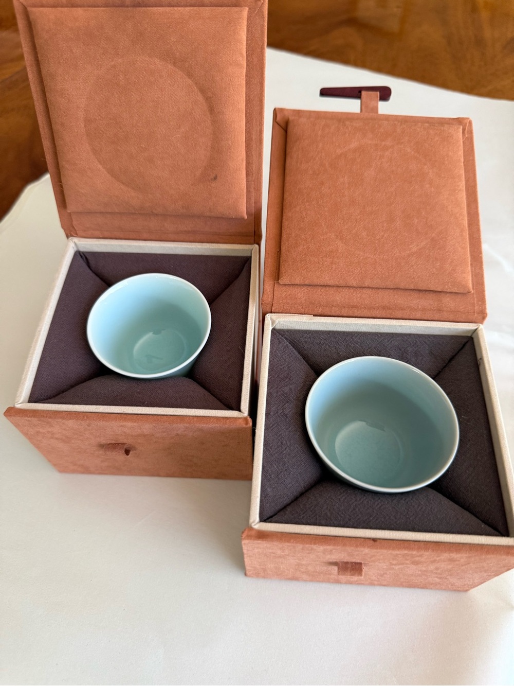 Two ( set) Celadon-Glazed Porcelain Teacups with Incised Mark NEW NEVER USED !